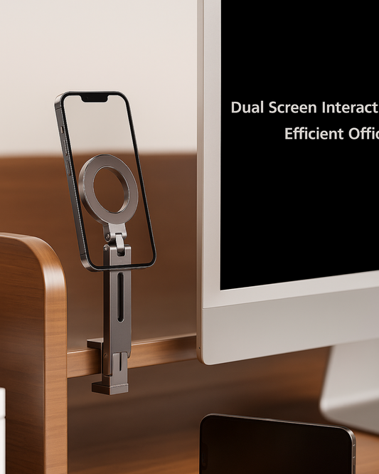 Phone holder on a desk with a computer monitor in the background, text 'Dual Screen Interaction' and 'Efficient Office'.