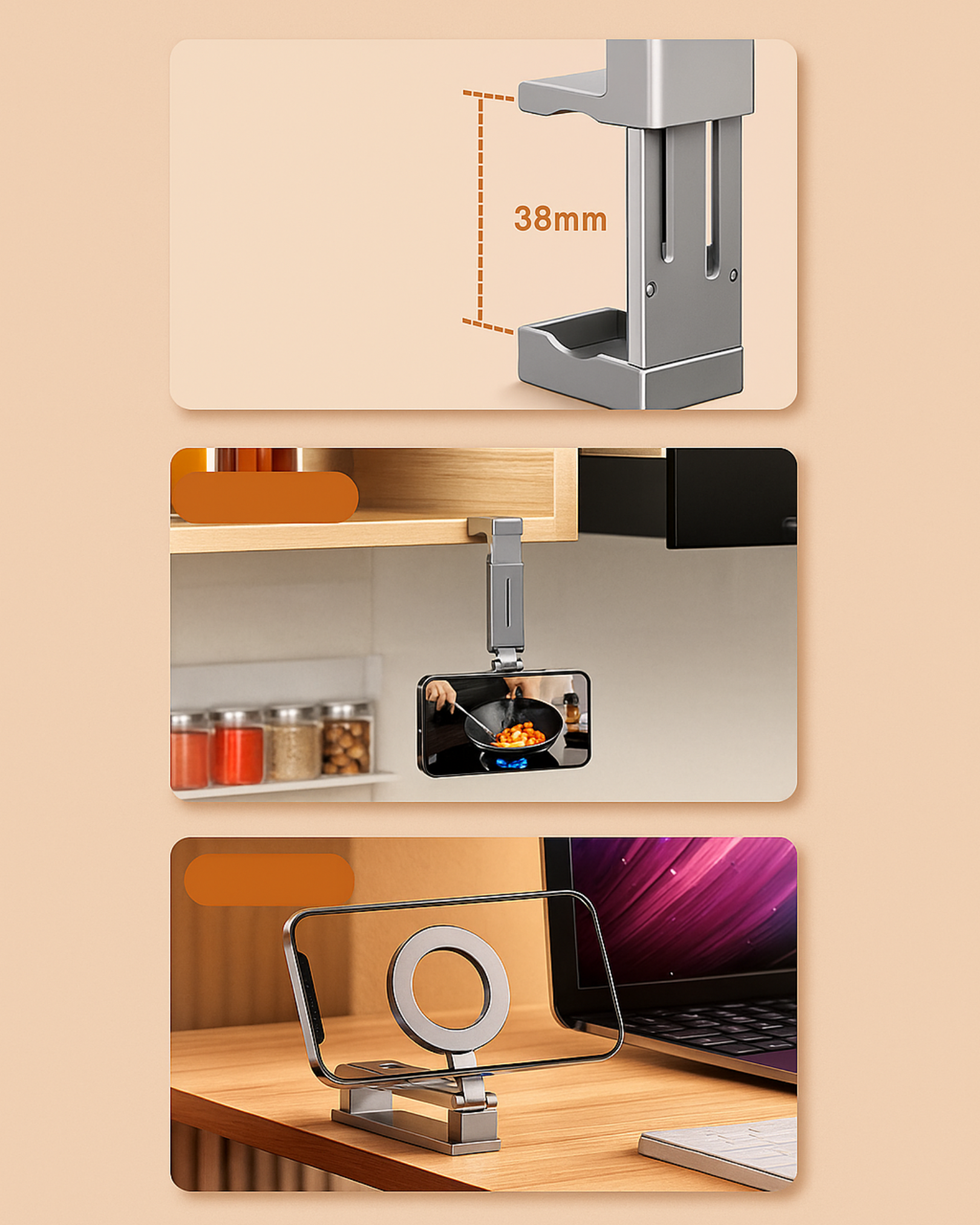 Phone holder with dimensions on a beige background