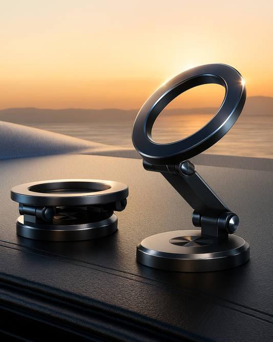 Black phone holder on a reflective surface with a sunset landscape in the background