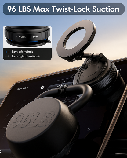 Car phone mount with '96LBS Max Twist-Lock Suction' feature on a car dashboard.
