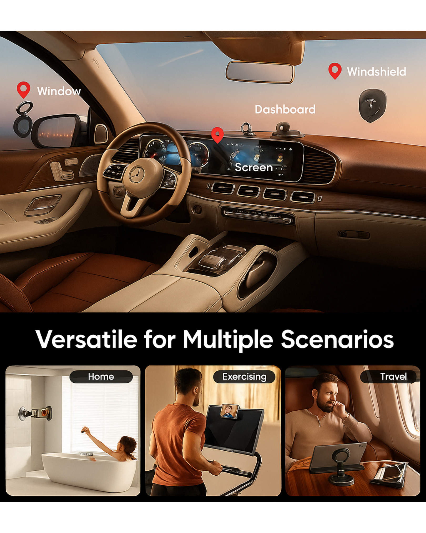 Car interior with a screen displaying various scenarios like home, exercising, and travel.