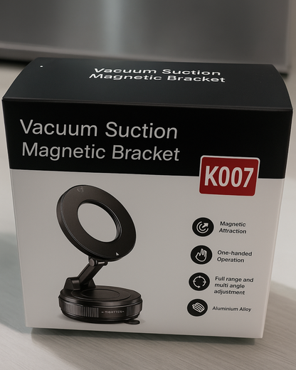 Box of a vacuum suction magnetic bracket with branding and product features.