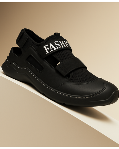 Black sneaker with 'FASHION' text on a beige background