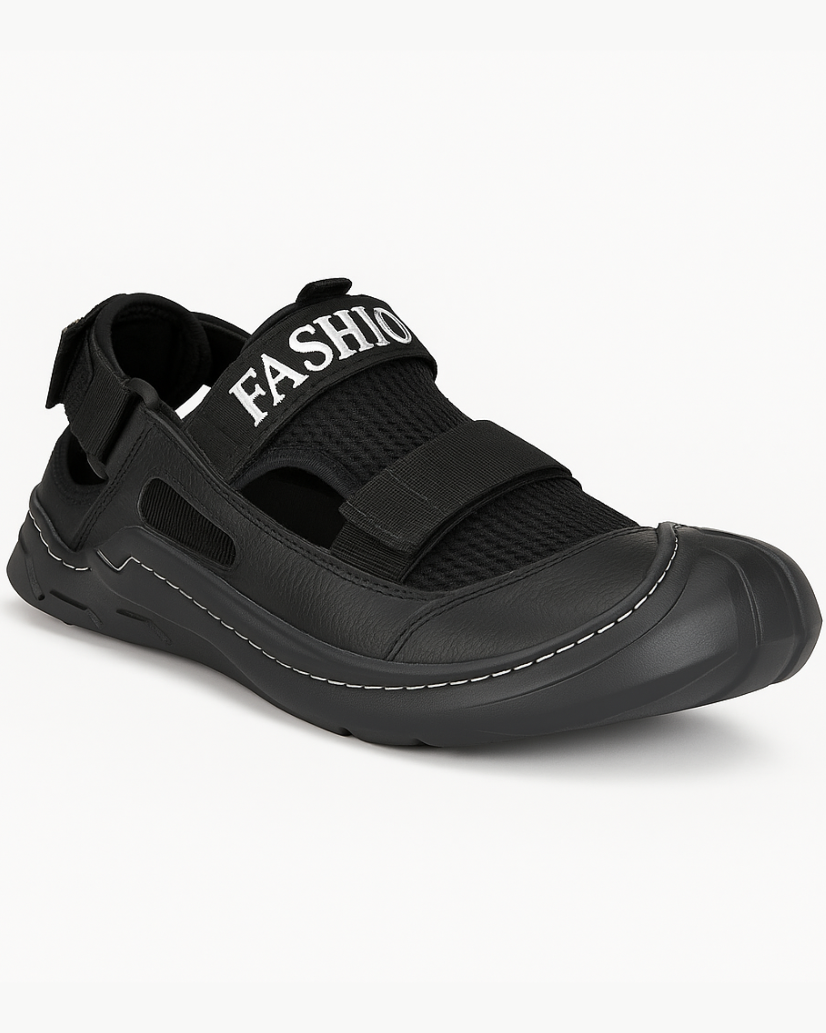 Black sandal with 'FASHION' strap on a white background