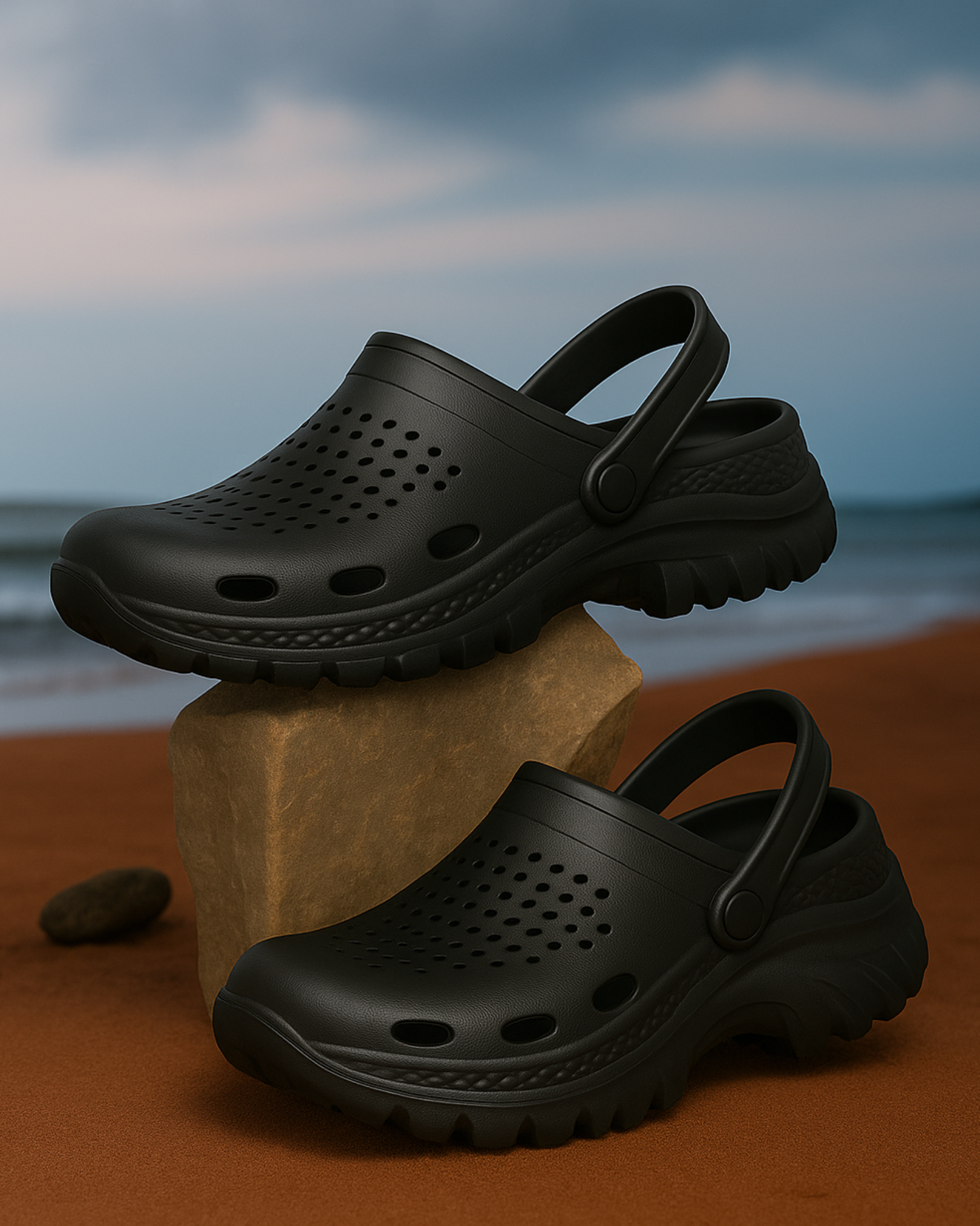 Black clogs on a rock with a beach background