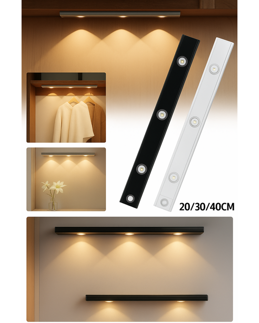 LED PIR Motion Sensor Cabinet Light shown in black color with multiple LED lights, capable of being mounted on a wooden cabinet or wardrobe.