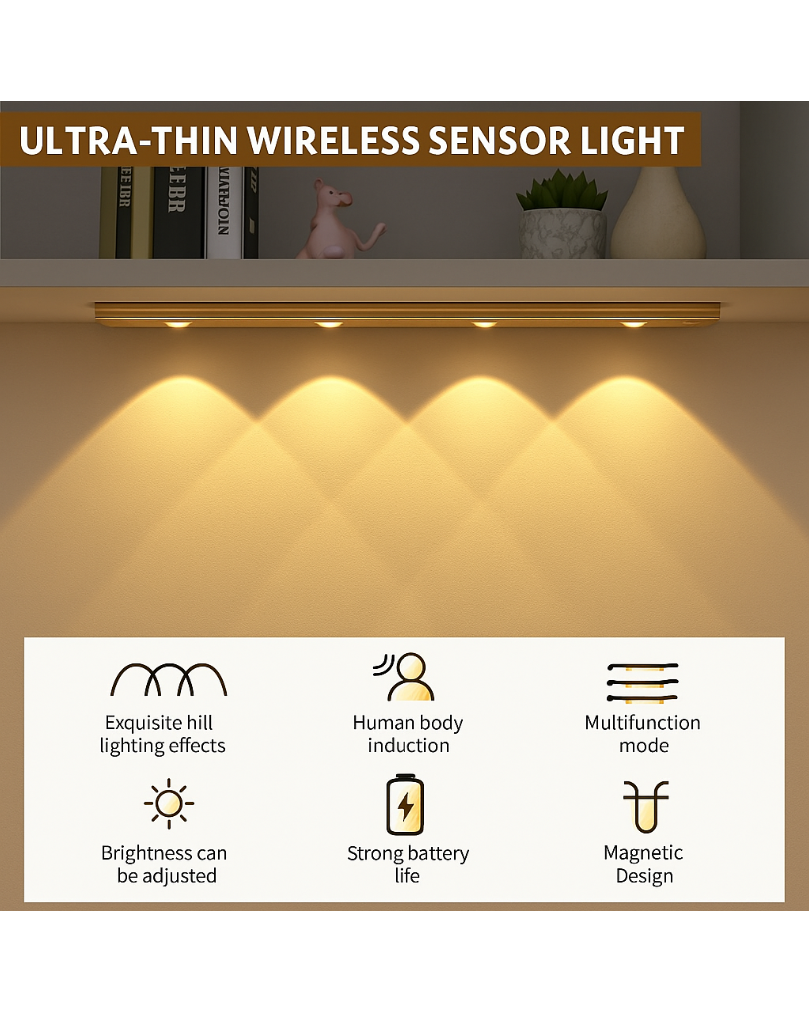 Ultra-thin wireless sensor light with shelf background