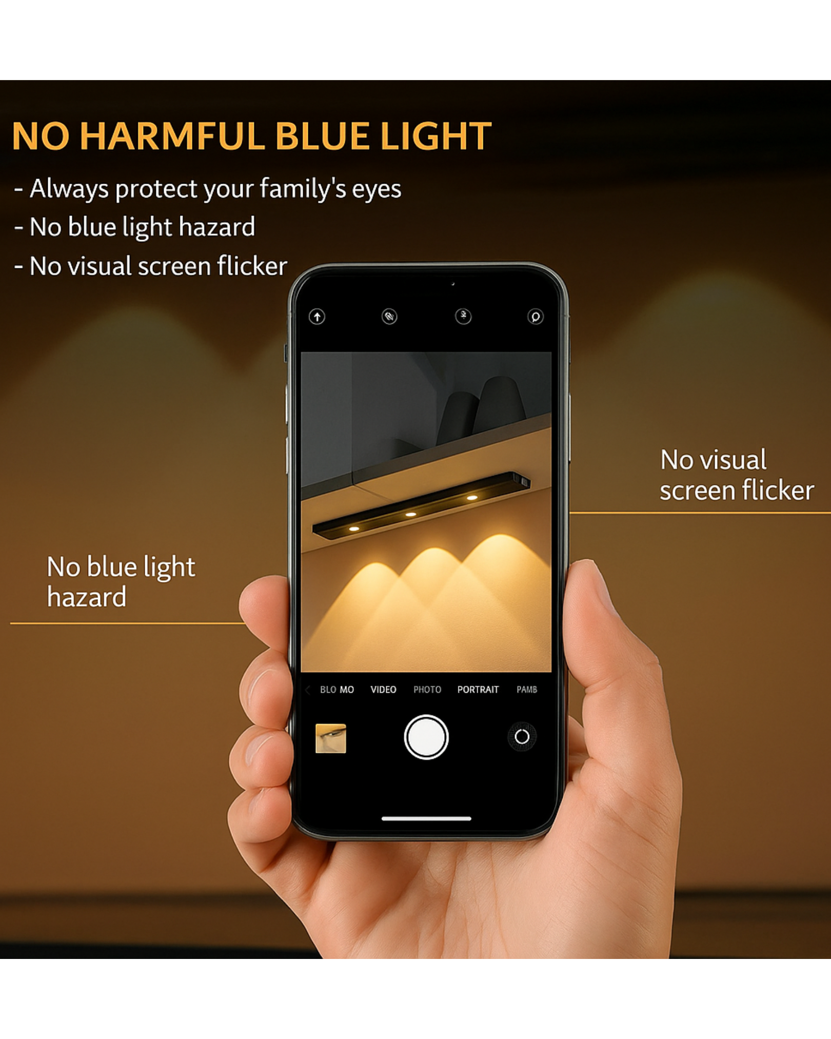 Hand holding a smartphone with a light fixture in the background, emphasizing no blue light hazard.