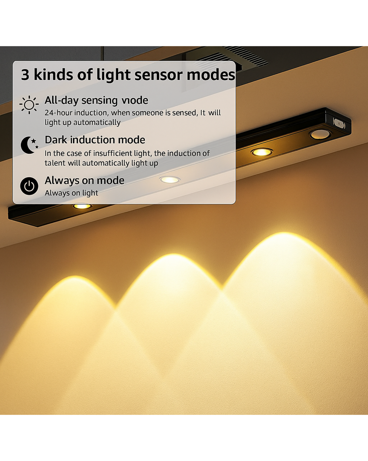 Light sensor with three modes on a wall, showing light output.