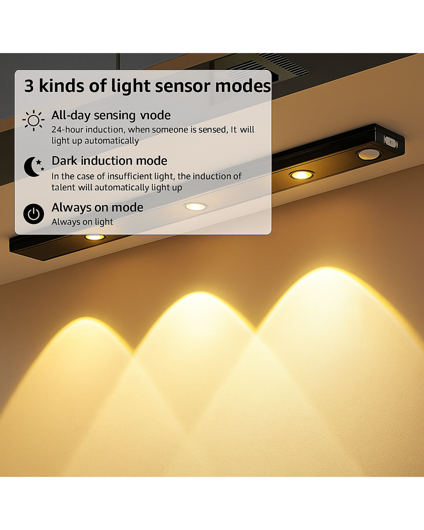Light sensor with three modes on a wall, showing light output.