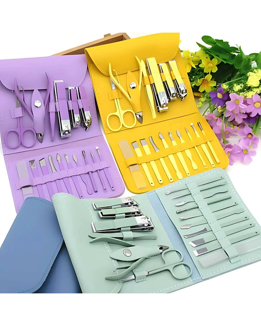 Set of manicure and pedicure tools in colorful cases with flowers in the background