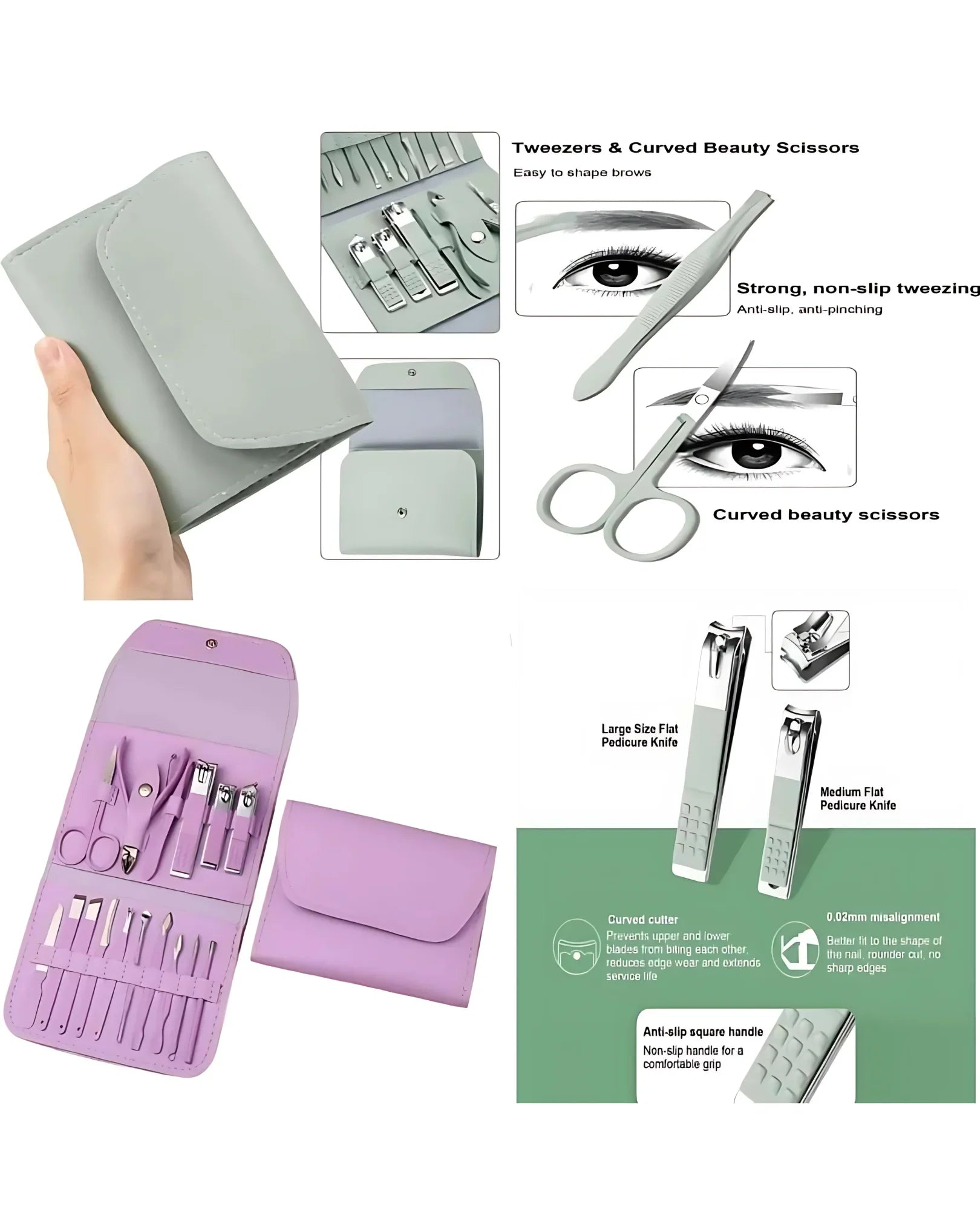 Set of beauty tools including tweezers, scissors, and nail clippers in a purple case on a white background.