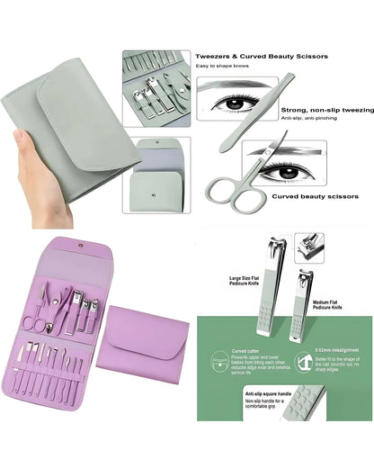 Set of beauty tools including tweezers, scissors, and nail clippers in a purple case on a white background.