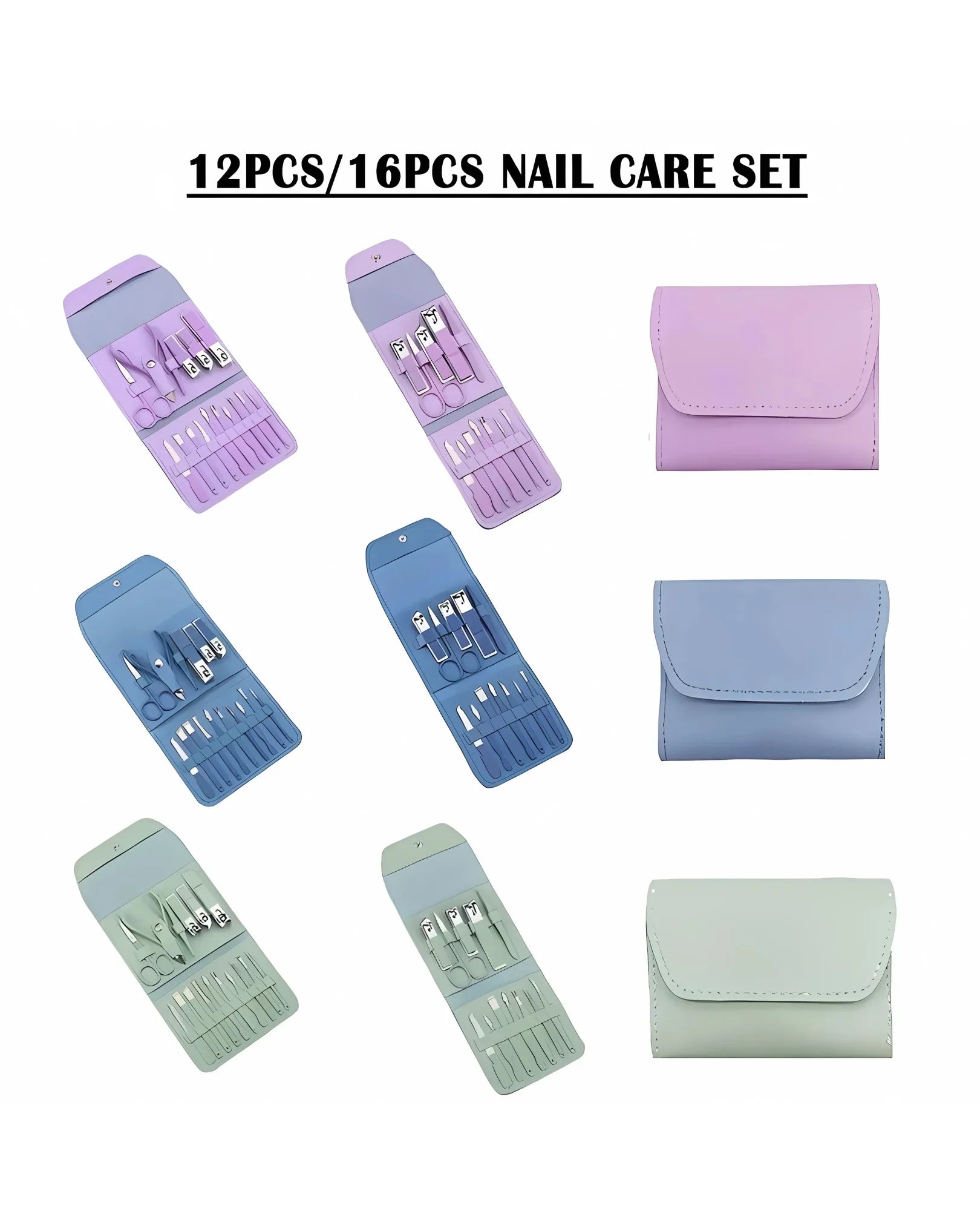 Nail care sets with purple and blue cases on a white background