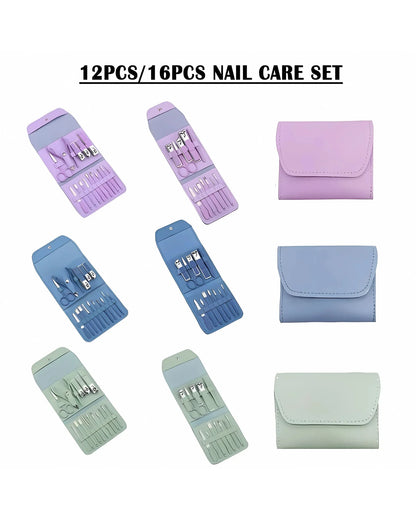 Nail care sets with purple and blue cases on a white background
