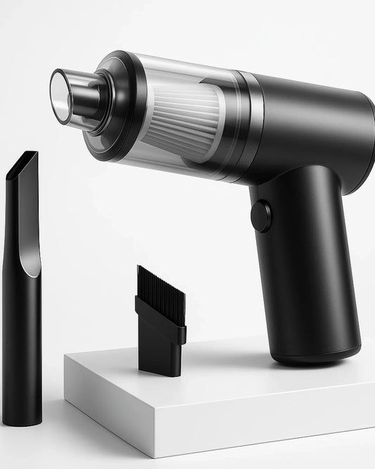 Black handheld vacuum cleaner with attachments on a white background