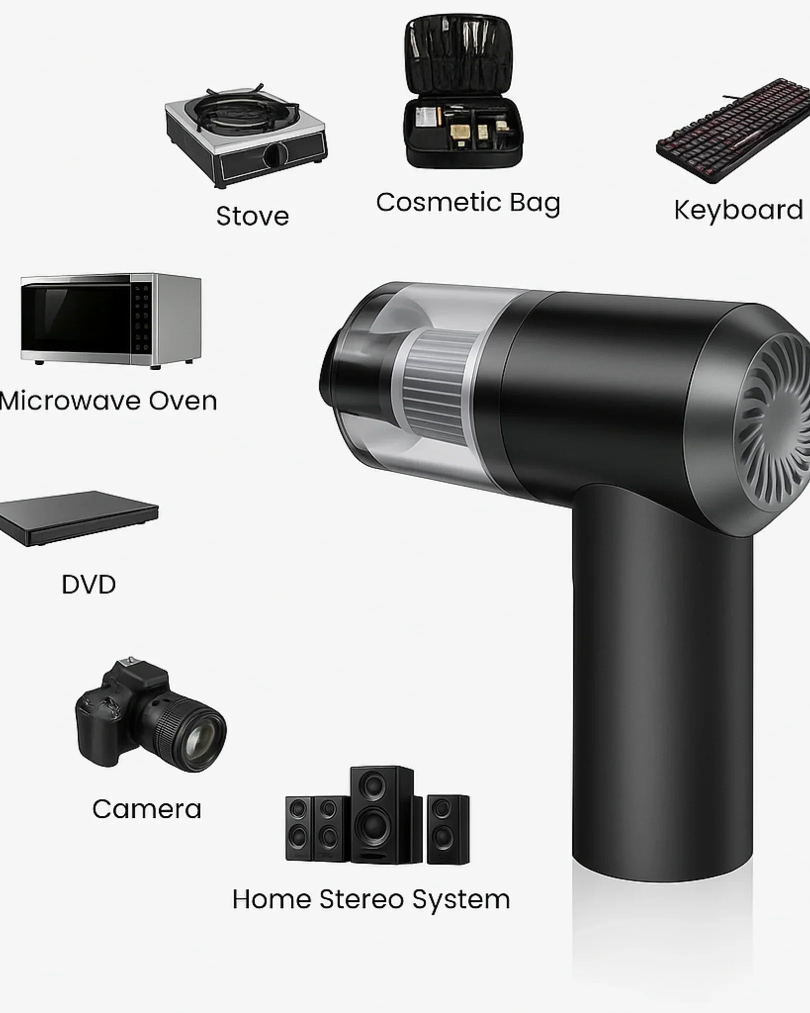Black handheld vacuum cleaner with labeled items on a white background