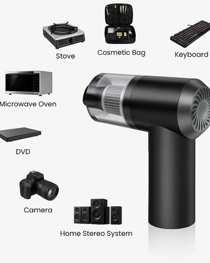 Black handheld vacuum cleaner with labeled items on a white background