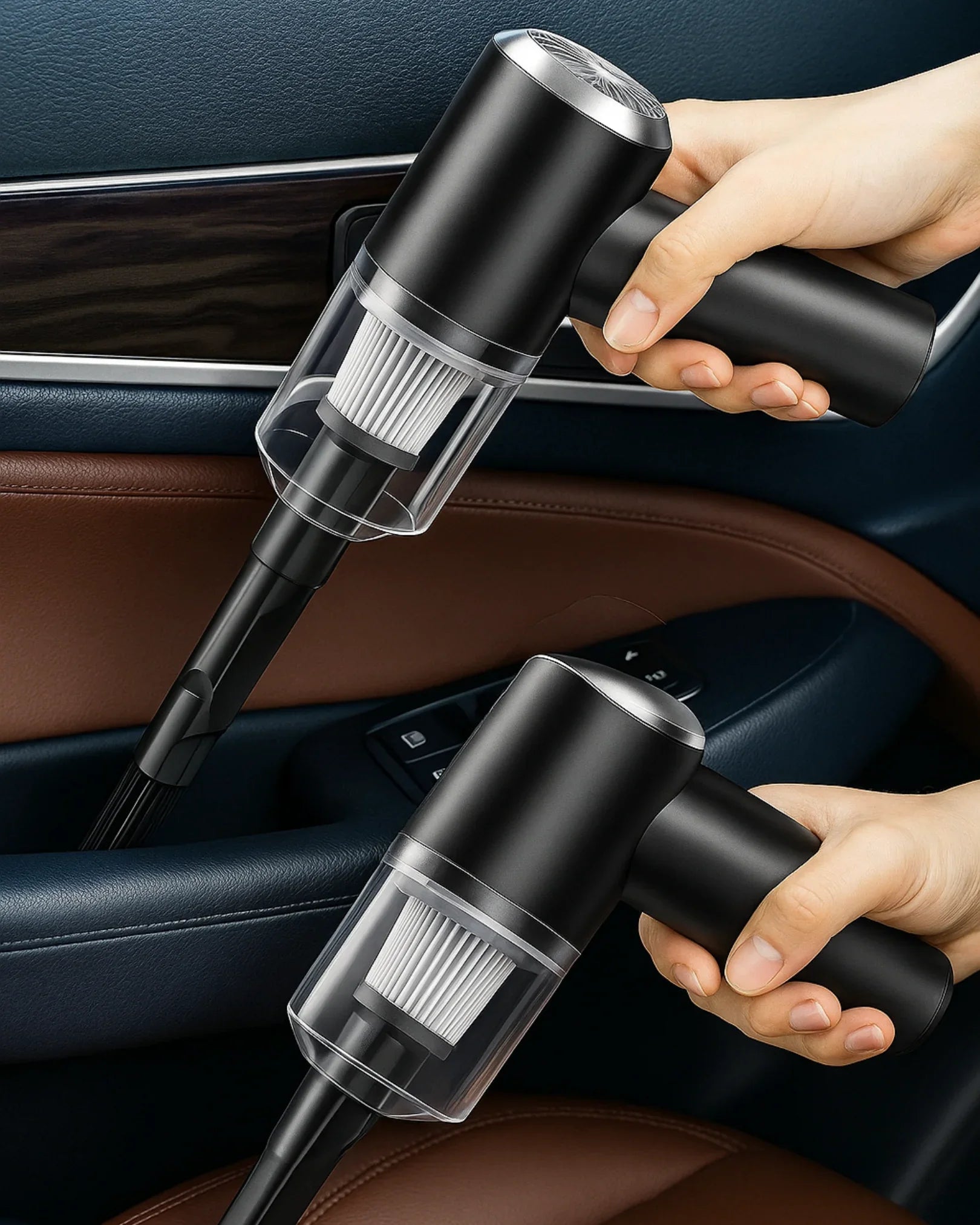 Handheld vacuum cleaner being used inside a car