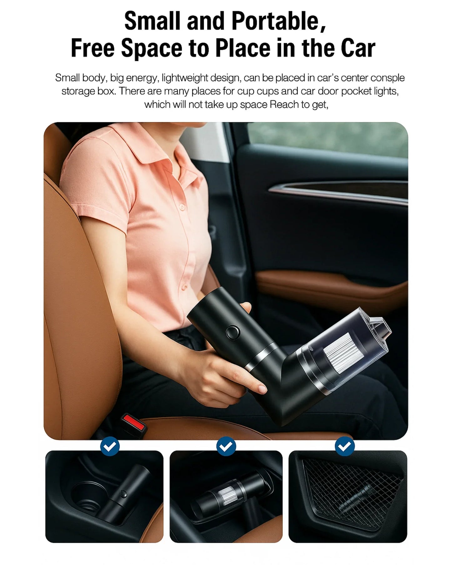 Person holding a portable car vacuum cleaner inside a car, with text highlighting its small size and portability.