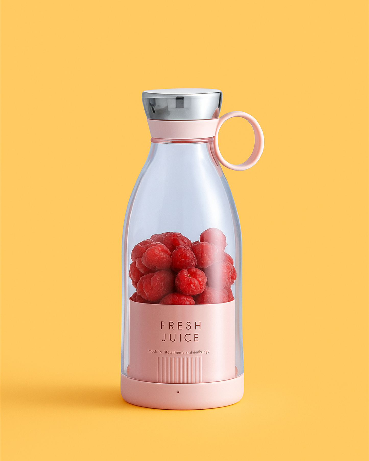 A portable mini juicer bottle with a pink base and clear body, filled with what appears to be fresh juice and fruits, against an orange background.