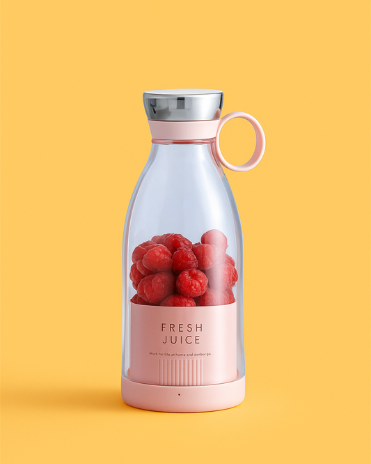 A portable mini juicer bottle with a pink base and clear body, filled with what appears to be fresh juice and fruits, against an orange background.