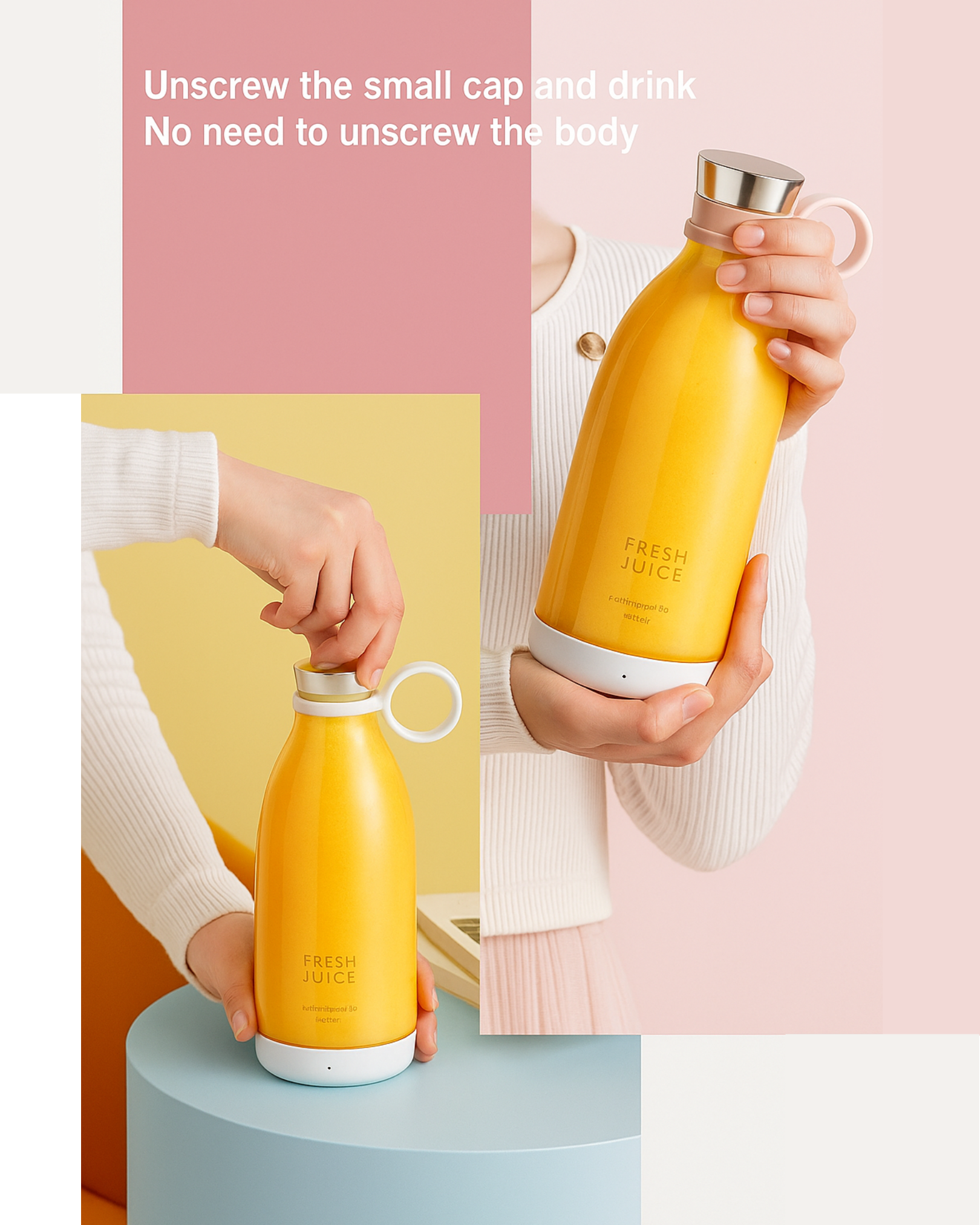 Yellow water bottles with different caps being used against a colorful background.