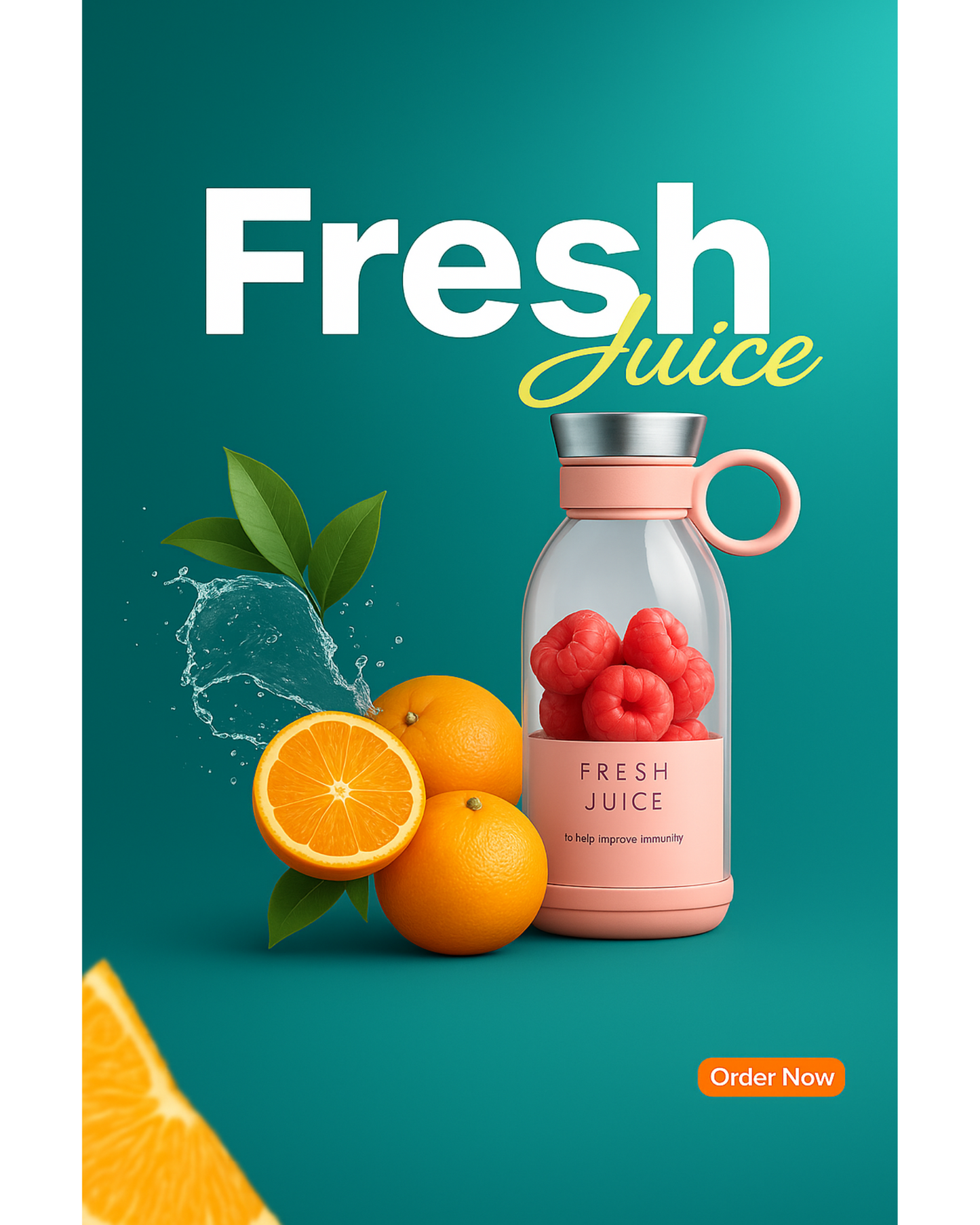 Juice bottle with fruits on a teal background