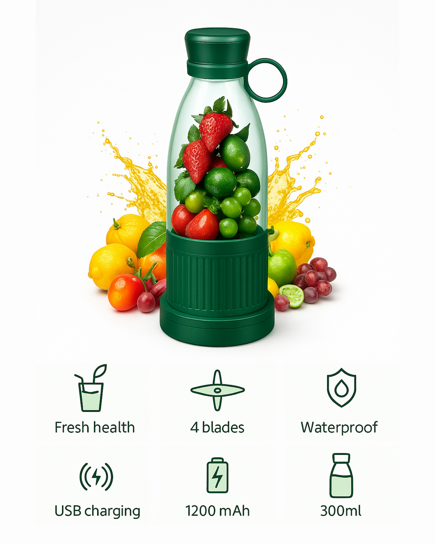 Fruit juicer bottle with fruits and product features displayed.