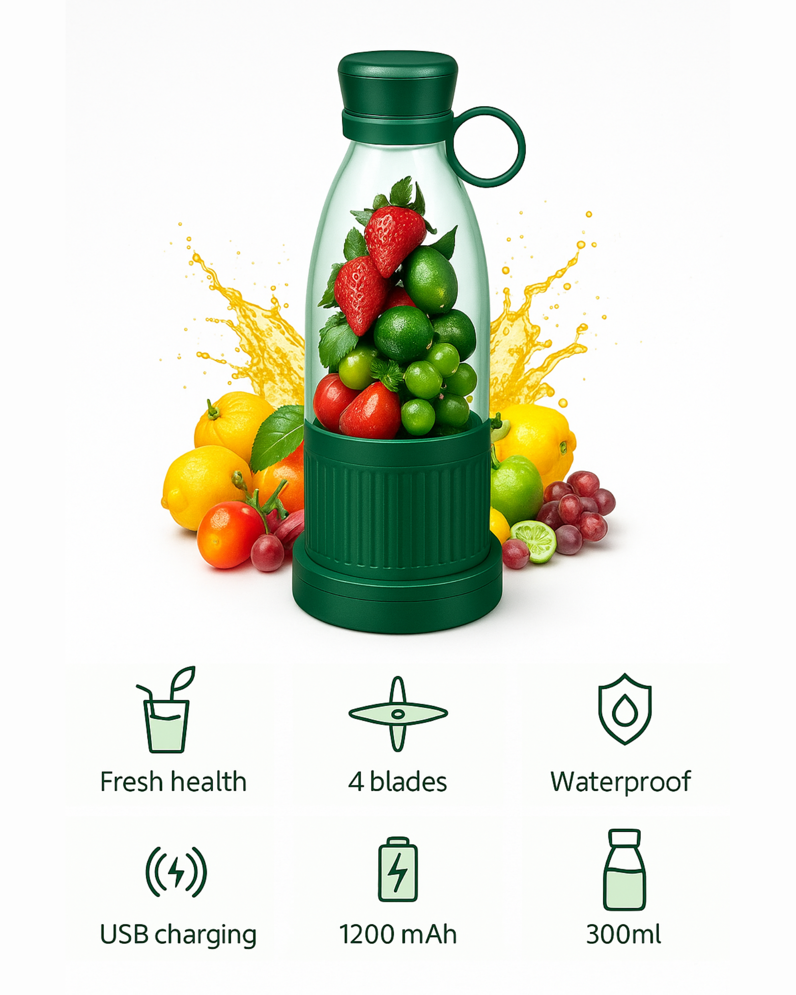 Fruit juicer bottle with fruits and product features displayed.
