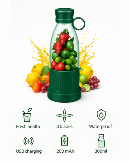 Fruit juicer bottle with fruits and product features displayed.