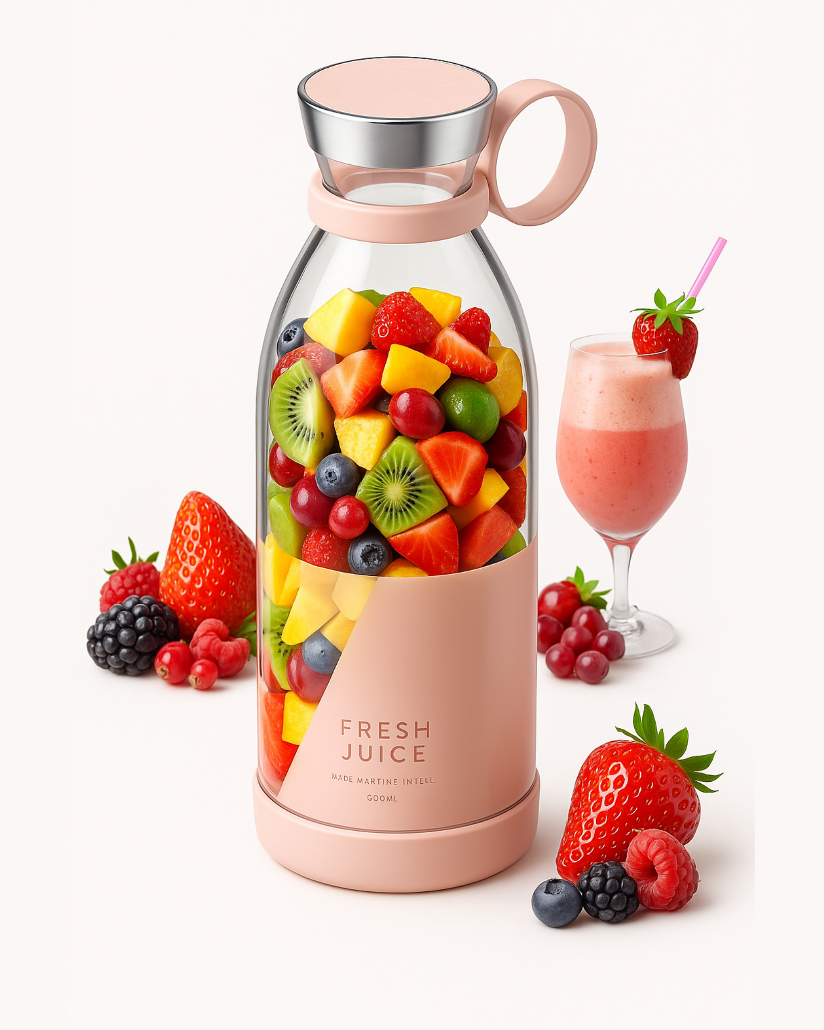 Pink juice extractor with fruits and a smoothie glass on a white background.