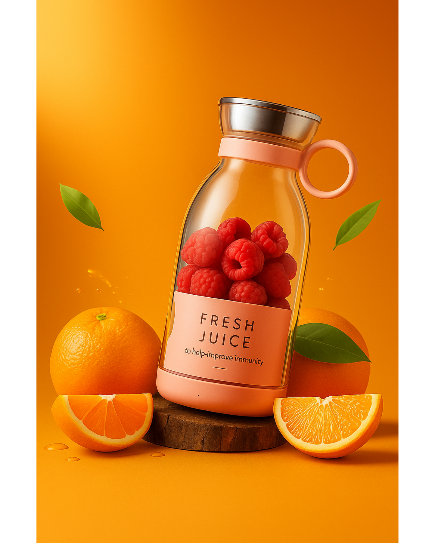 Bottle labeled 'Fresh Juice' with raspberries and oranges on an orange background