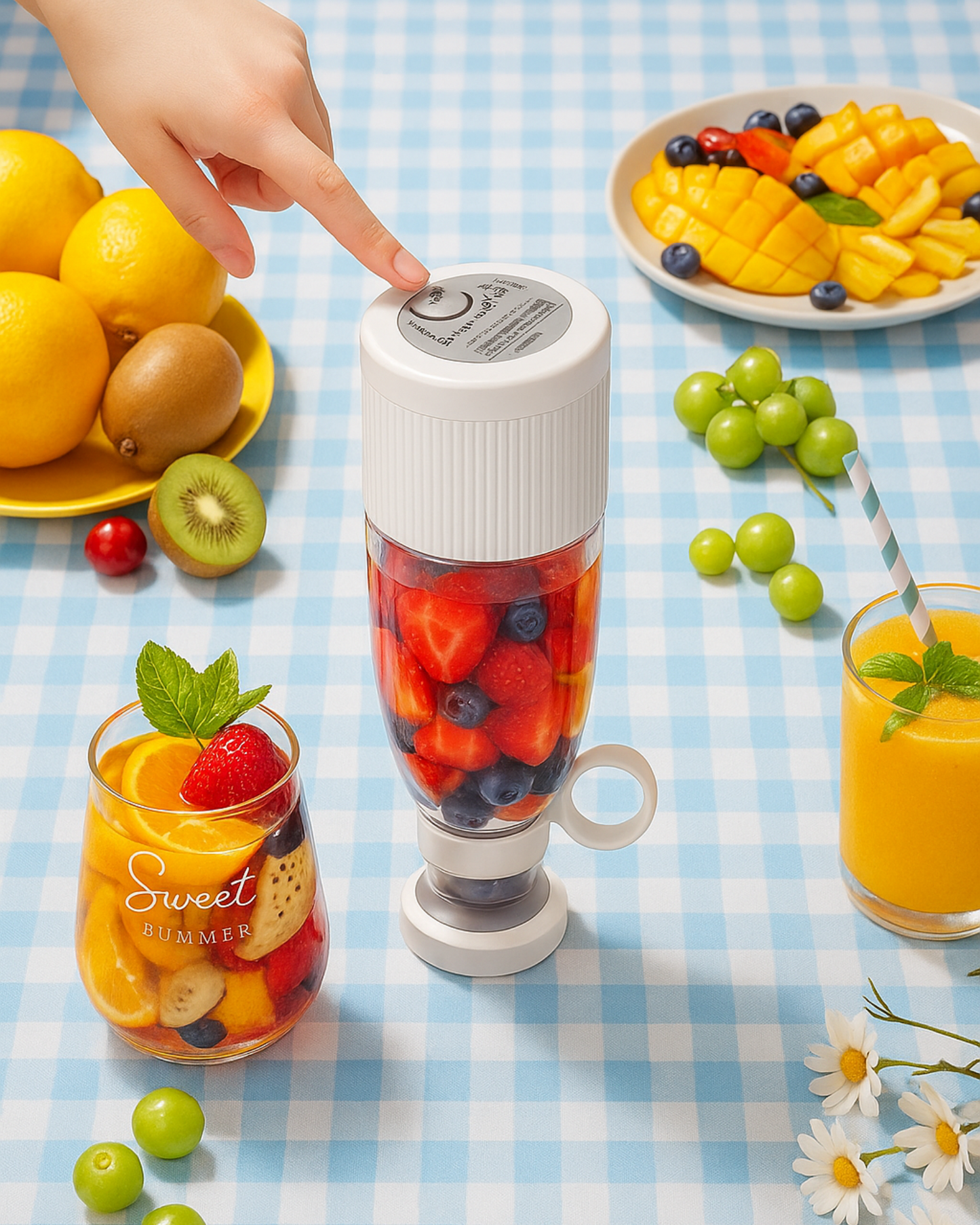 Portable blender with fruits and smoothies on a checkered tablecloth.