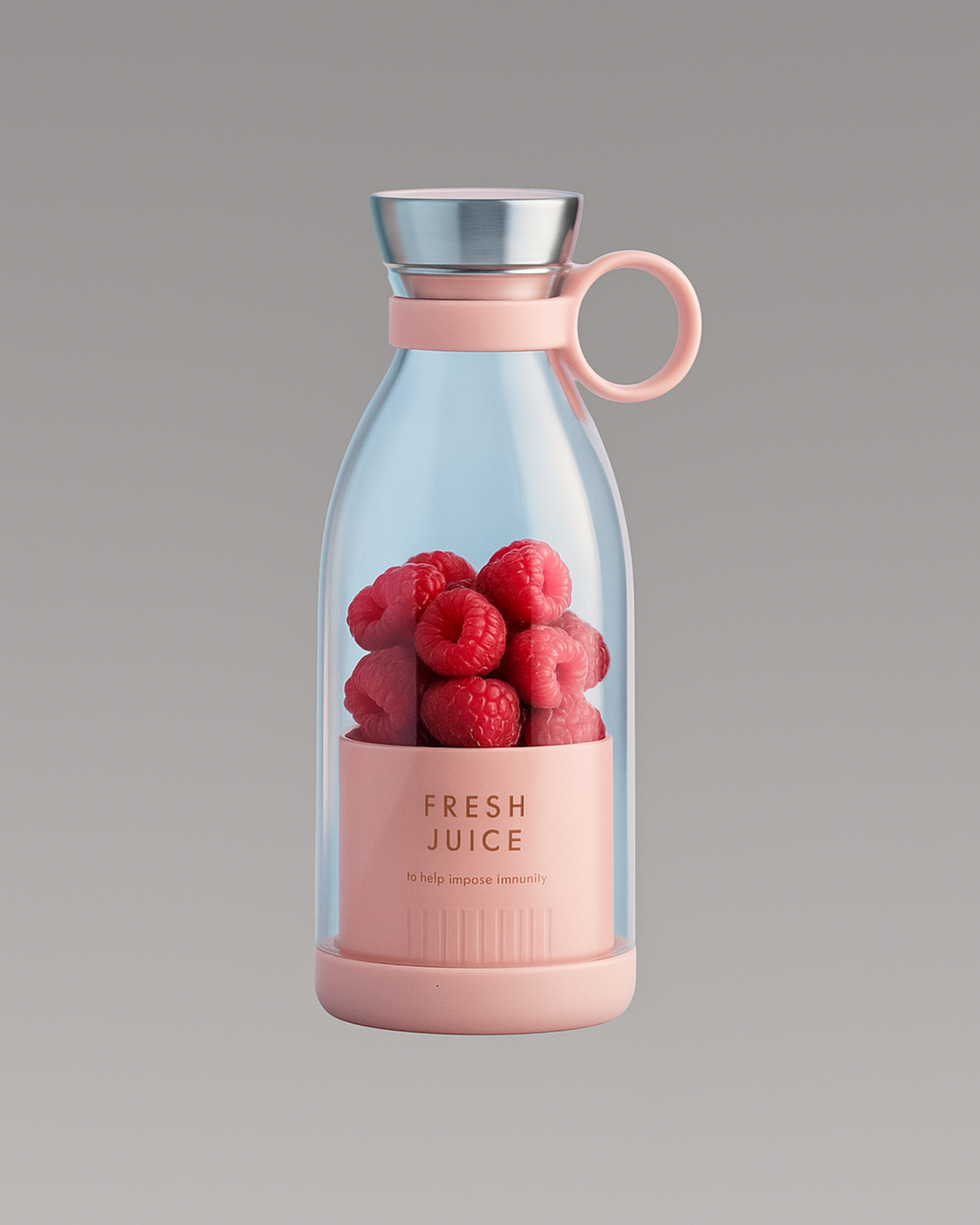 Juice bottle with raspberries on a gray background