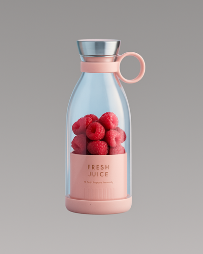Juice bottle with raspberries on a gray background