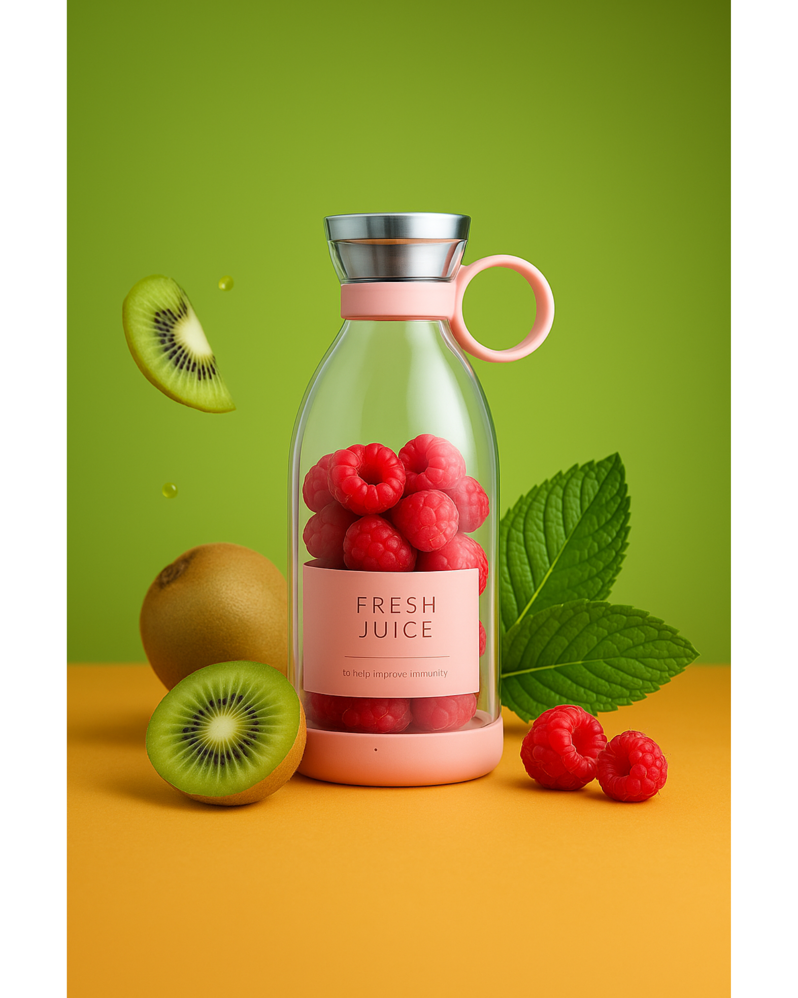 Bottle with raspberries and kiwis on a colorful background