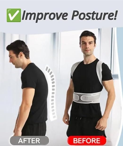 Before and after comparison of a man wearing a posture corrector.