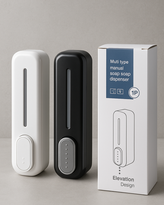 A wall-mounted manual soap dispenser in black and white colors, displayed next to its packaging box.