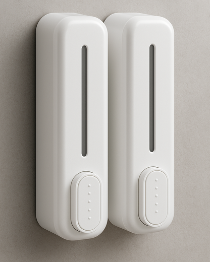 Two white wall-mounted devices on a gray wall
