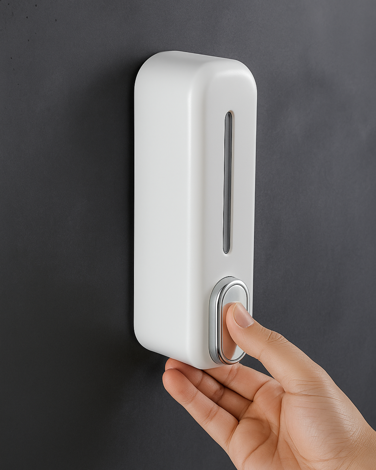 White wall-mounted dispenser with a hand pressing the button against a dark background.