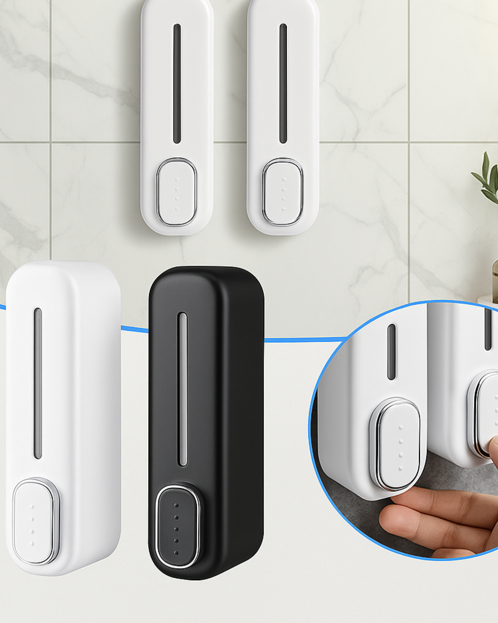 Wall-mounted dispenser in white and black on a tiled wall with a close-up of usage.