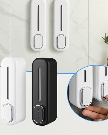 Wall-mounted dispenser in white and black on a tiled wall with a close-up of usage.
