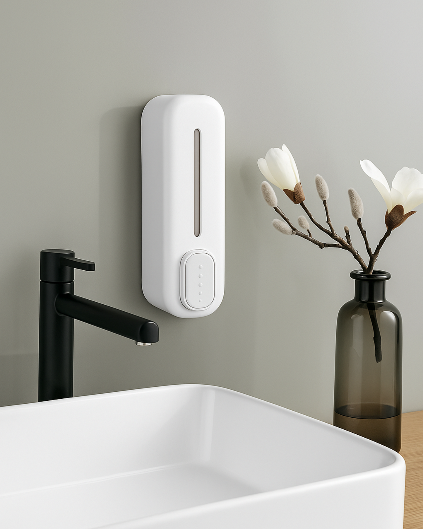 White wall-mounted soap dispenser next to a black faucet and vase with flowers on a sink.