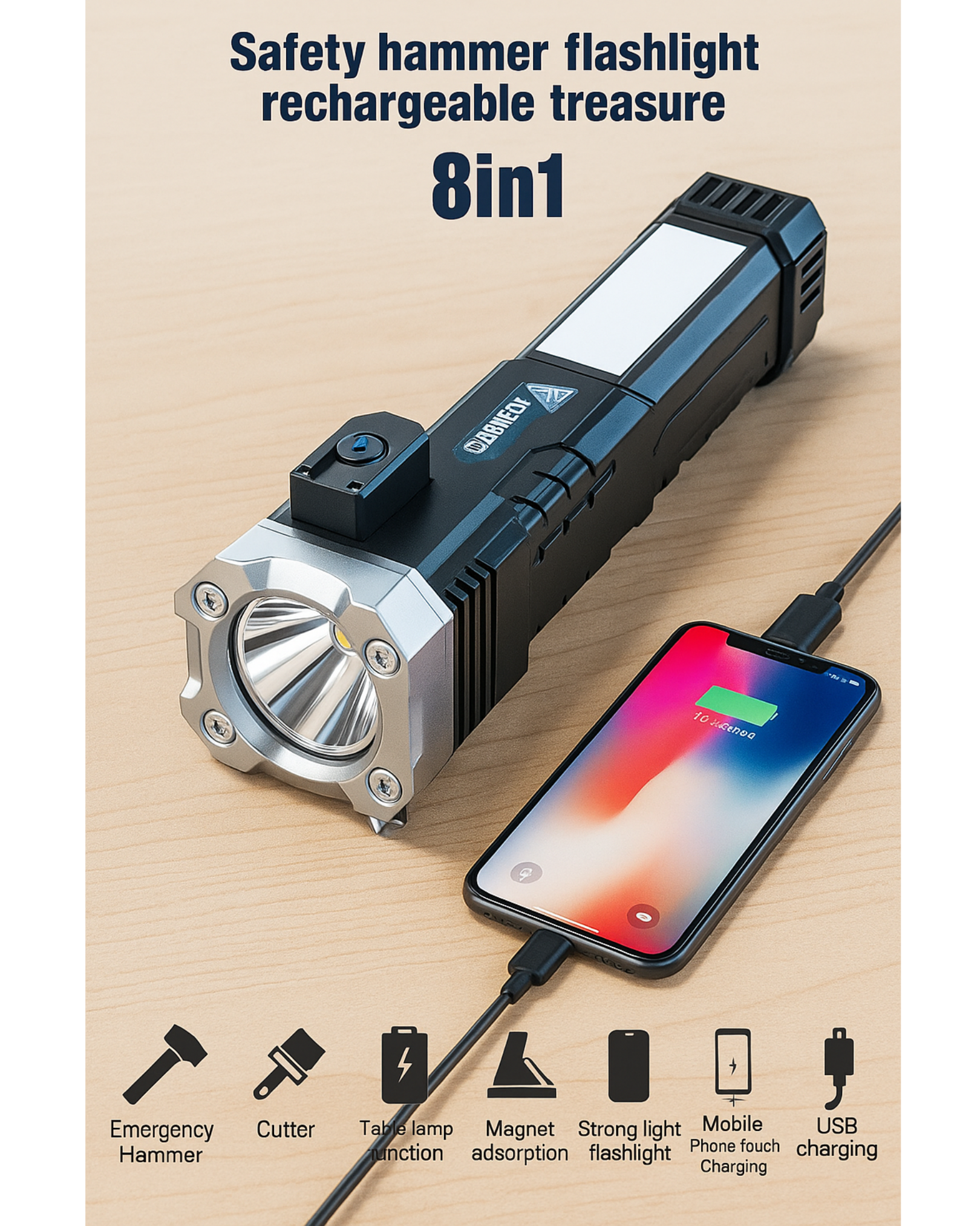8-in-1 safety hammer flashlight with charging cable and smartphone on a beige background
