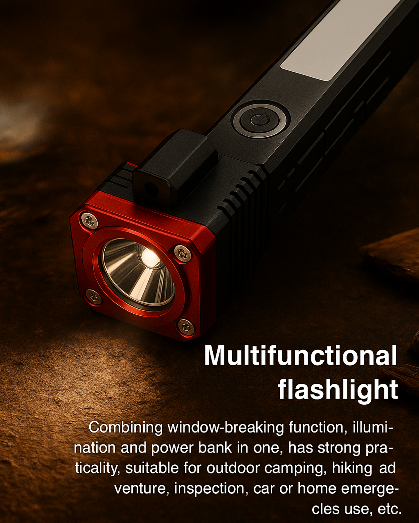 Multifunctional flashlight with red and black design on a dark background