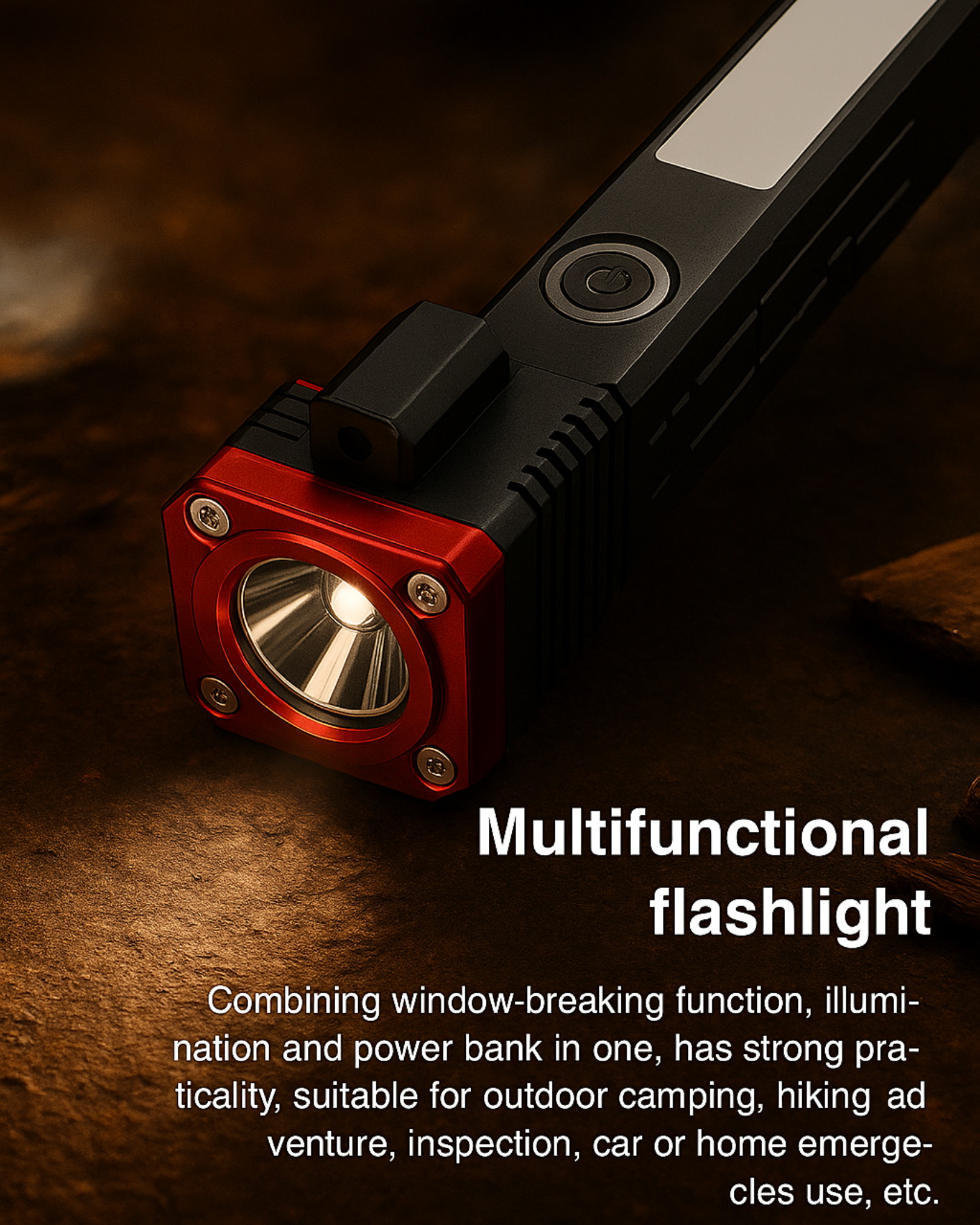 Multifunctional flashlight with red and black design on a dark background