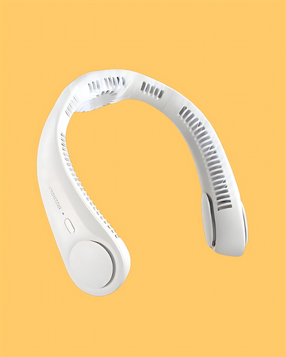 A white portable bladeless hanging rechargeable neck fan against an orange background.