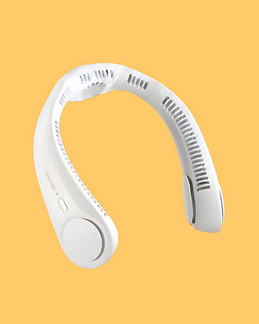 A white portable bladeless hanging rechargeable neck fan against an orange background.