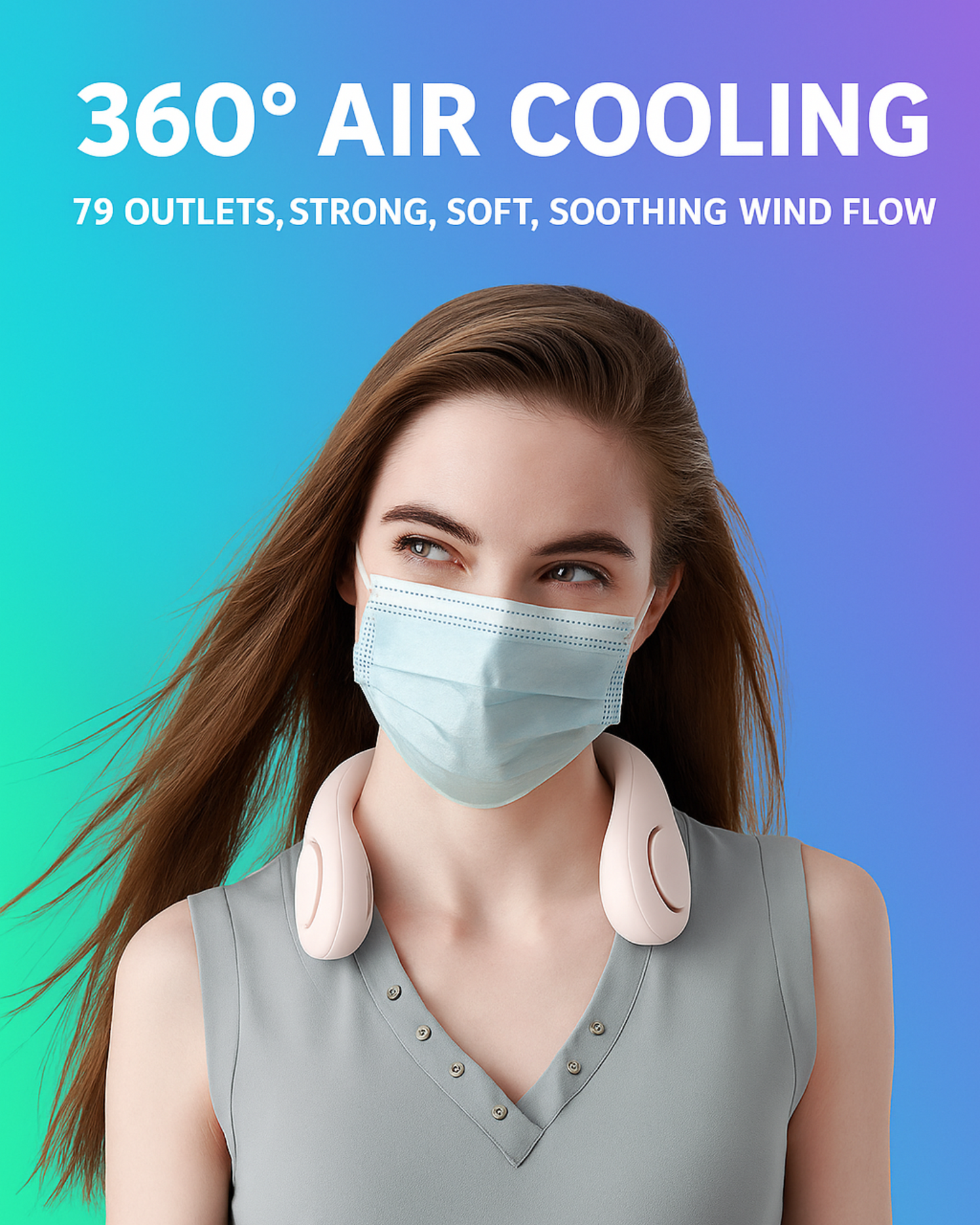 Person wearing a neck cooler with text on a gradient background